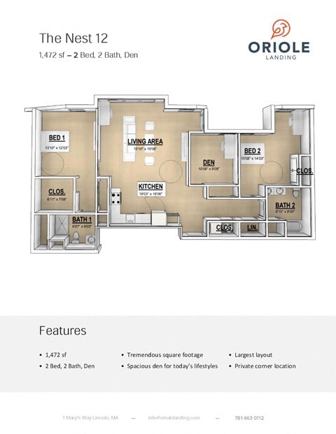 Floor plan for 2 beds, 2 baths, 1472 sqft